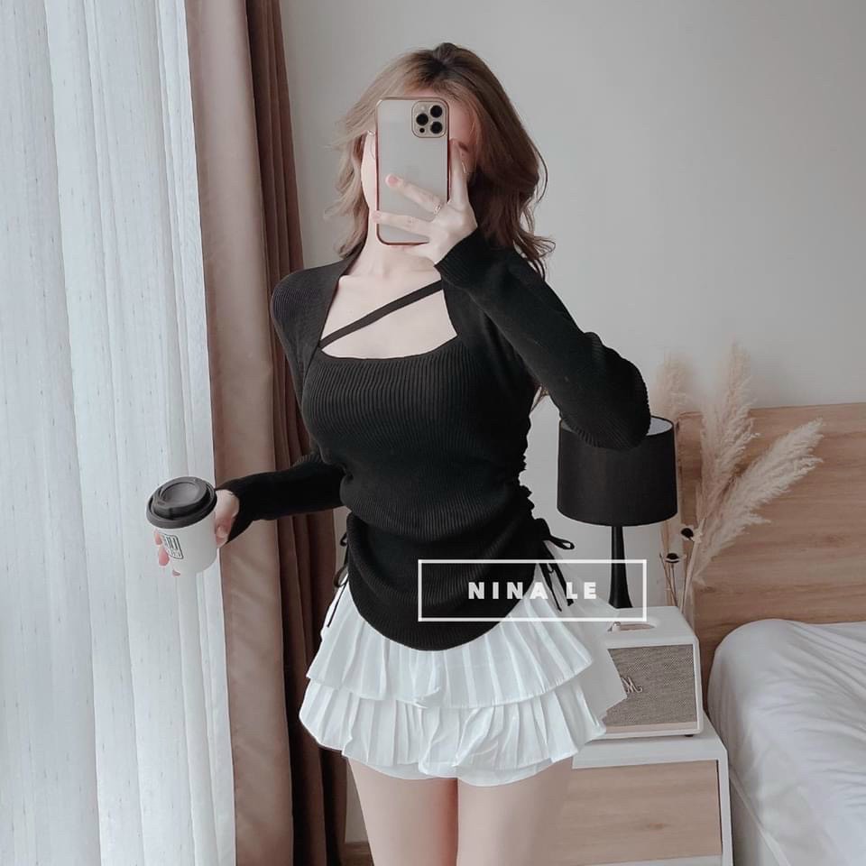 Áo kiểu nữ rút dây 2 bên dài tau nữ tính chất thun gân mềm mại ttgr