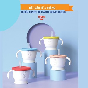 Cốc tập uống nước cho bé HNFamily - Ly tập uống nước 3 giai đoạn Kichilachi 150ml cute có ống hút, nắp nhựa an toàn