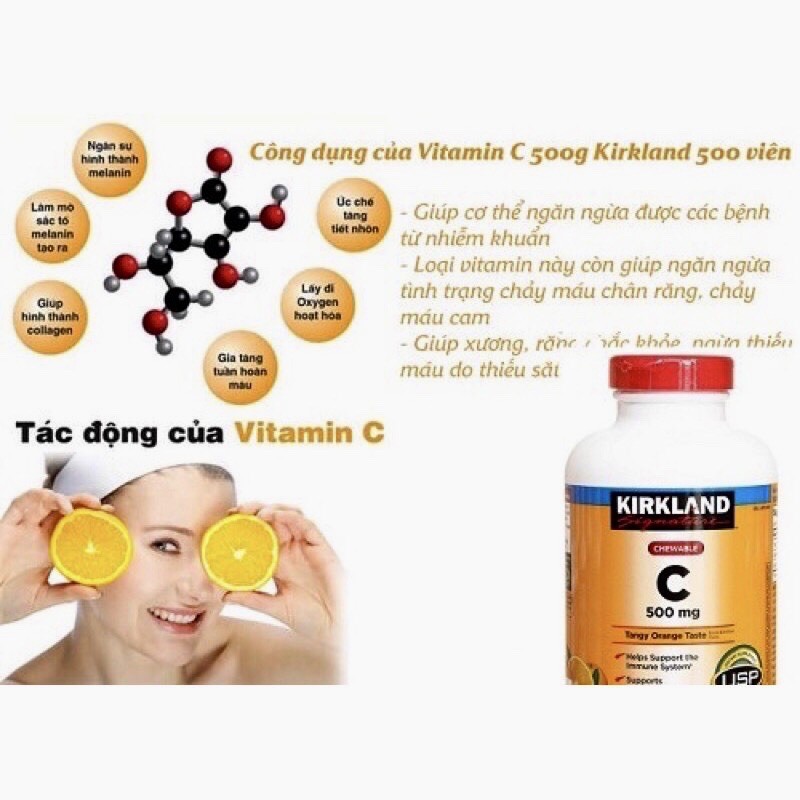 🍓🍒[HSD 06/2023] Viên ngậm Bổ Sung Vitamin C Kirkland Signature Chewable Vitamin C Kirkland 500mg🍊🍋