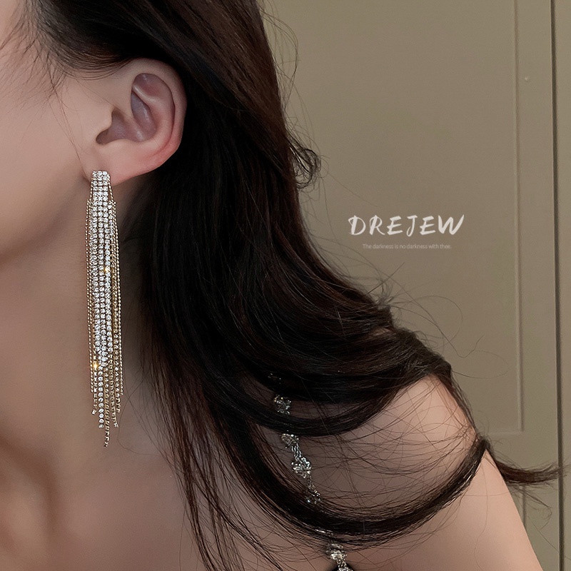 DREJEW Bông Tai Mạ Bạc Dáng Dài Đính Kim Cương Giả Phong Cách Âu Mỹ