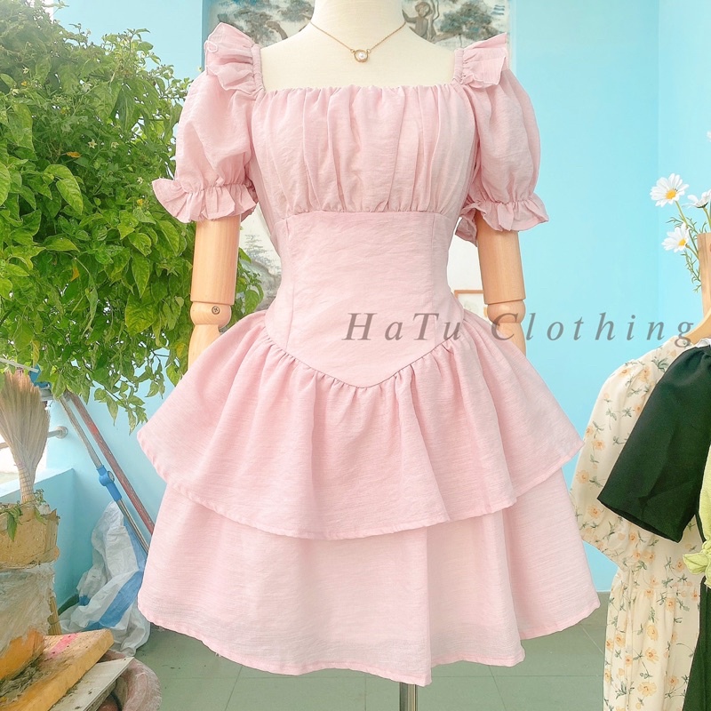 Deny Dress - Đầm ngắn dáng xoè tông hồng pastel nhẹ nhàng siêu xinh kiểu cổ vuông dáng xoè tầng siêu tôn eo