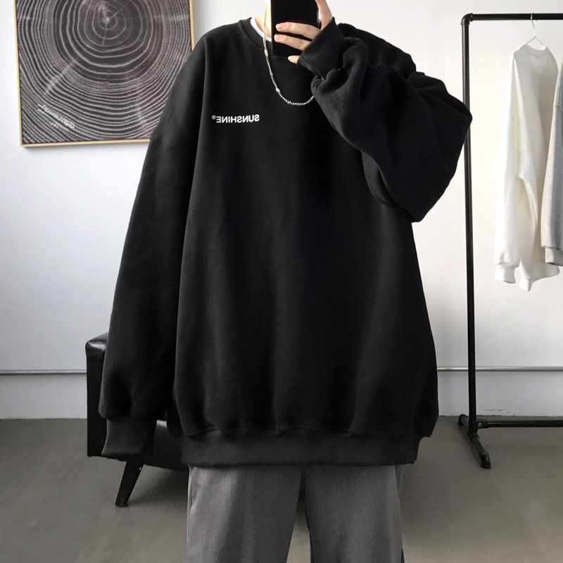 Áo Sweater cổ tròn dáng rộng màu trơn in chữ đơn giản dễ phối đồ cho nam