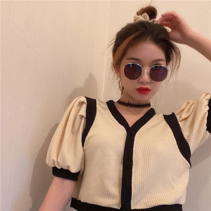 Áo Thun Dệt Kim Mỏng Tay Ngắn Cổ Chữ V Phối Màu Sắc Tương Phản Thời Trang Mùa Hè Cho Nữ