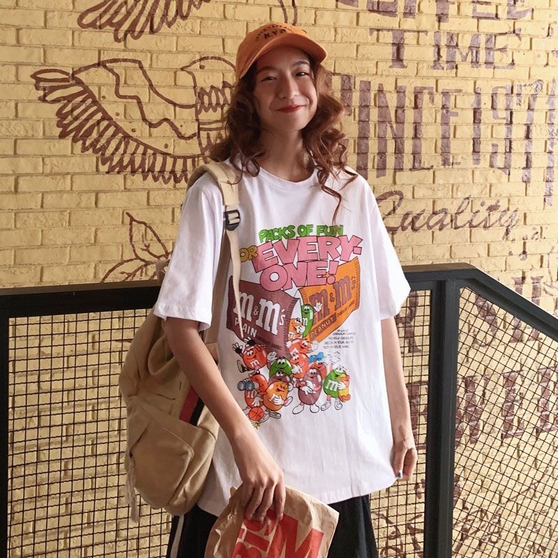 Short sleeve cotton T-shirt for women 2020 summer new Korean loose fun cartoon print white top for women