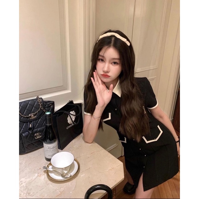 ĐẦM l ĐEN CỔ SƠ MI VIỀN TRẮNG TÚI NẮP