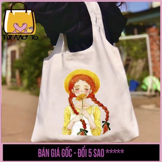 Túi tote vải canvas quai tròn có khóa kéo in hình cô gái hoa mặt trời - Túi Mơ To store