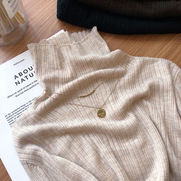 Áo dệt kim tay dài dáng ôm cổ lọ thời trang dễ phối đồ