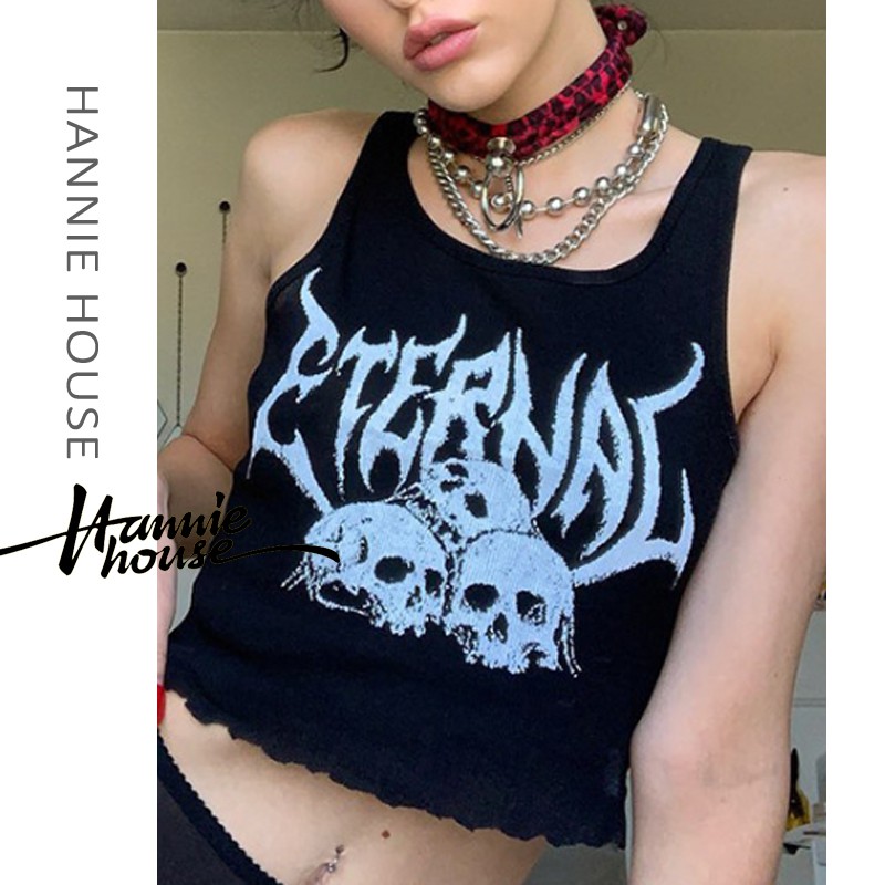 Áo Croptop Sát Nách Hoạ Tiết Đầu Lâu Phong Cách Gothic