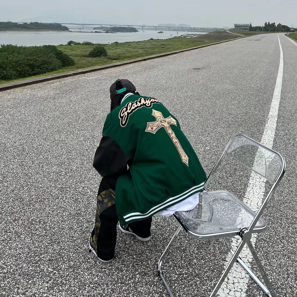 Áo khoác bomber vải da thêu họa tiết chữ thập thời trang cho nam áo khoác nỉ hai lớp |