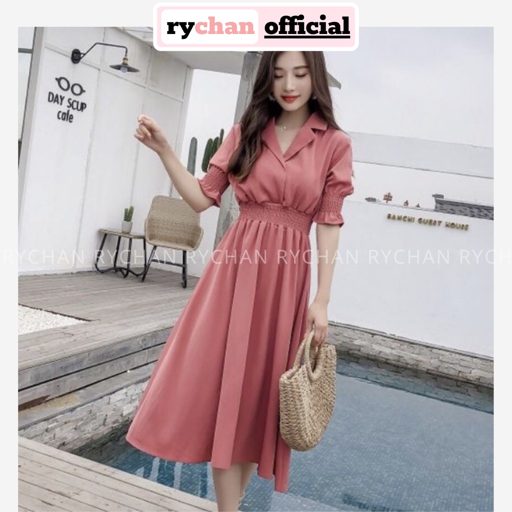 [ẢNH THẬT CUỐI] Đầm Xòe Hồng Dáng Dài Cổ Vest Nhún Eo - DX245
