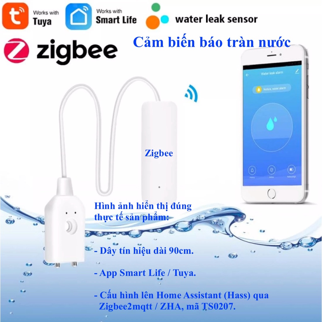 Cảm biến báo tràn nước Hệ Tuya, kết nối Zigbee / Wifi, App Smart Life / Tuya / Home Assistant -