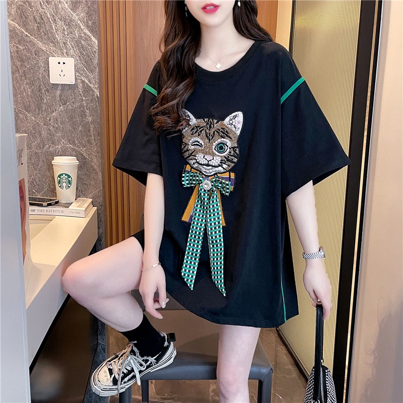 Áo thun ZHELIHANGFEI cotton tay ngắn size lớn in họa tiết hoạt hình phong cách Hàn Quốc thời trang cho nữ