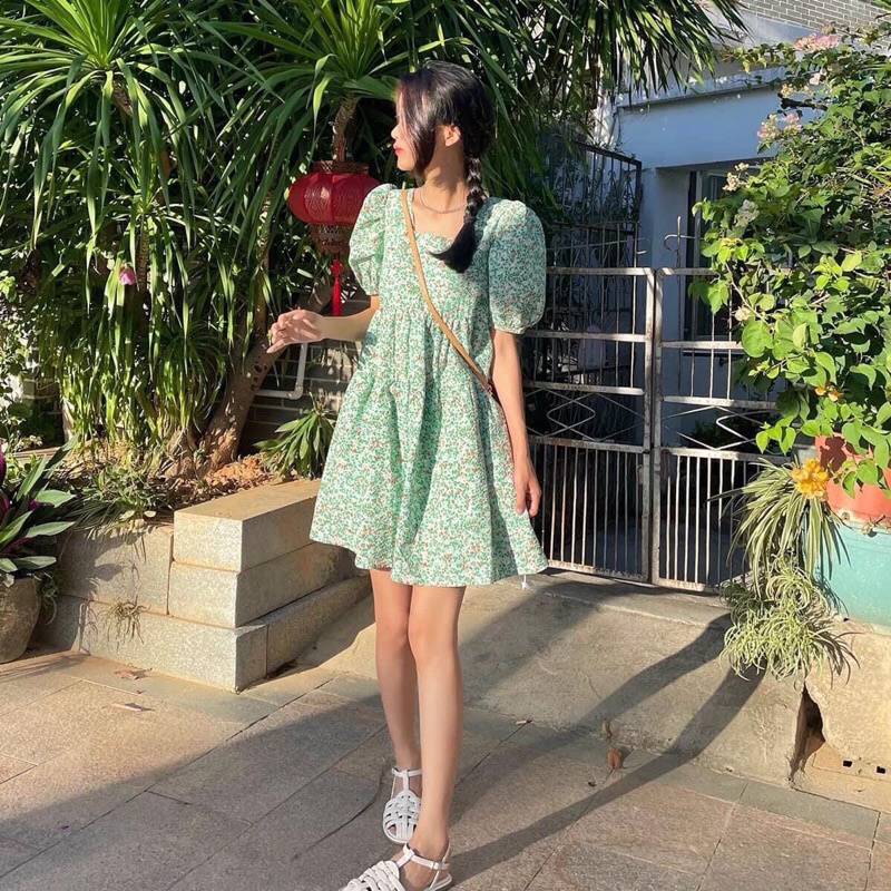 Váy babydoll hoa nhí xanh buộc nơ lưng xinh xắn - Đầm babydoll dáng xoè hoa nhí xanh nơ lưng Pea Store
