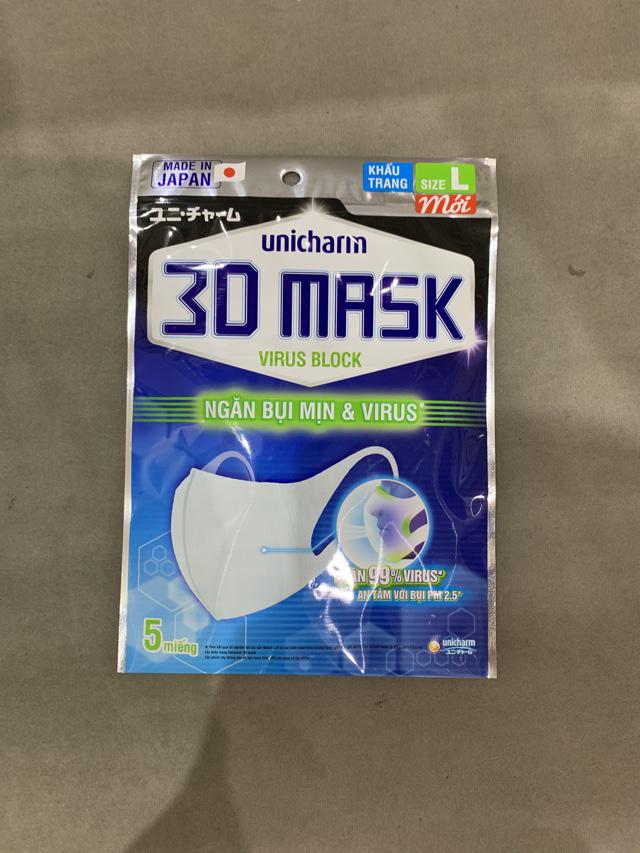 Khẩu trang ngăn vi khuẩn Unicharm 3D Mask Virus Block size L gói 5 cái