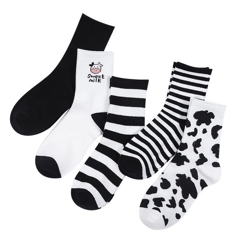 set 5 đôi tất cổ cao bò sữa và kẻ đen trắng
