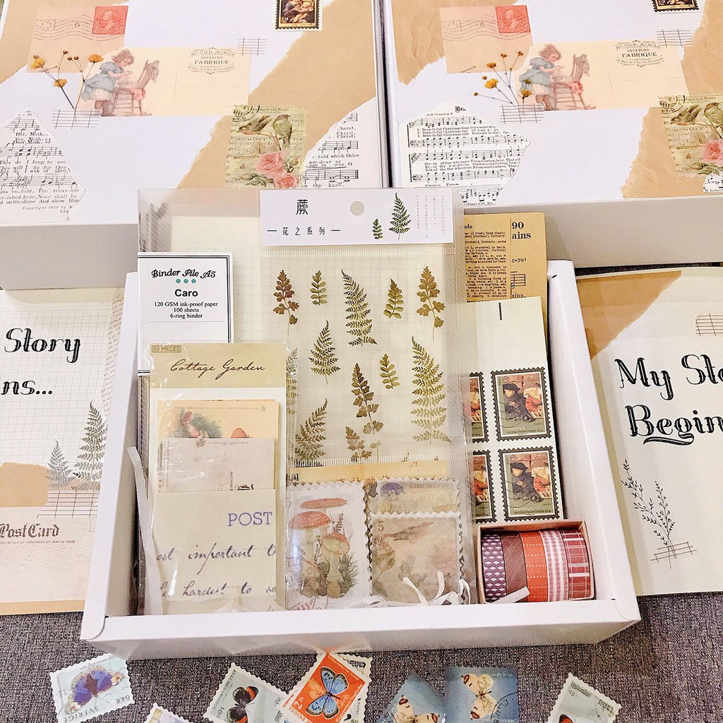Bộ phụ kiện làm sổ Bullet Journal Vintage - set quà tặng Binder sổ còng Klong, sticker, washi tape, hộp kraft