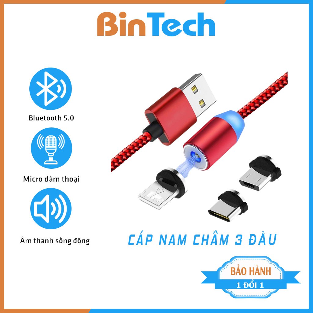 Dây sạc nhanh, cáp sạc điện thoại nam châm 3 đầu Lightning | micro USB | Type C Xoay 360 Độ Dây Dù Có LED Cao Cấp-BINTEC