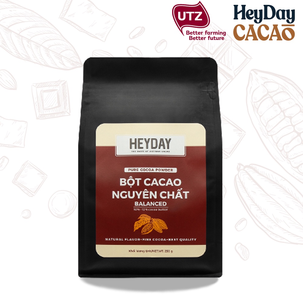 Túi 250g Bột cacao nguyên chất 100% Heyday - Dòng Balanced phổ thông - Chuẩn UTZ Quốc Tế