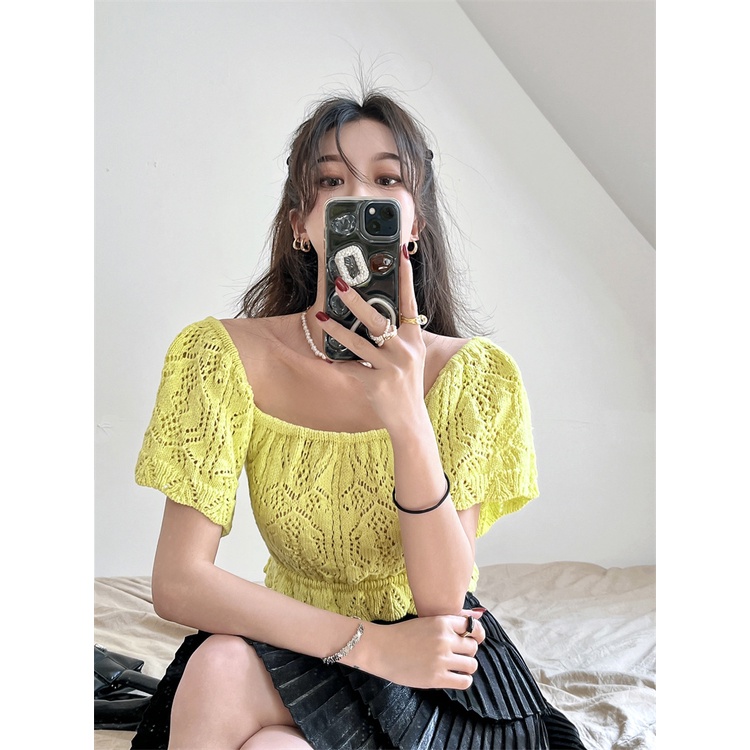 Cocory vn Áo Crop Top Cổ Vuông Tay Ngắn Họa Tiết Sọc Thời Trang Cho Nữ