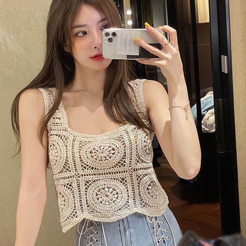 Áo Croptop Dệt Kim Sát Nách Cổ Vuông Dáng Rộng Họa Tiết Kẻ Sọc Thời Trang Mùa Hè Cho Nữ