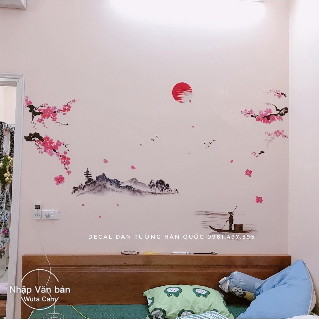 Decal dán tường  phong cách trung hoa cổ, sơn thủy, trang trí phòng ngủ, phòng khách