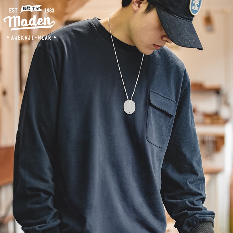 Áo thun sweater Maden tay dài cổ tròn bằng cotton thiết kế vá phong cách Nhật trẻ trung cổ điển cho nam