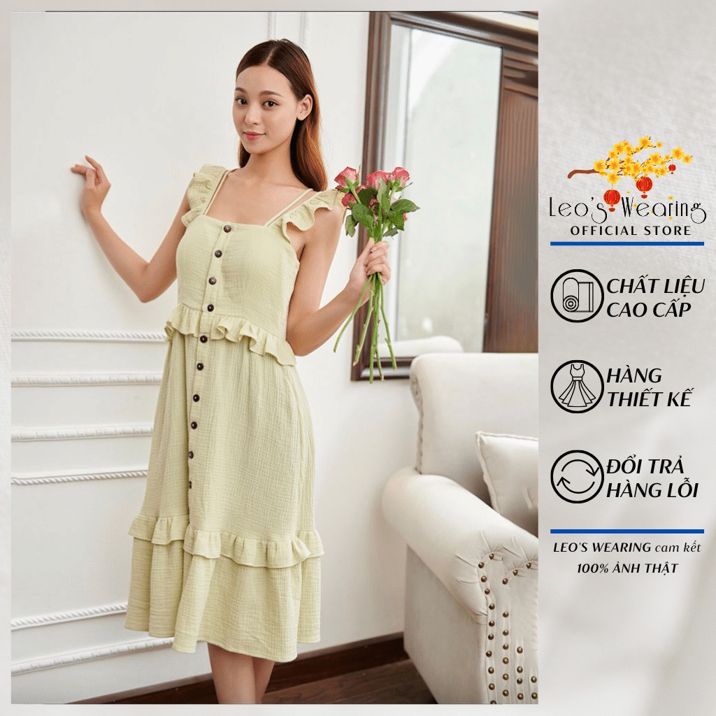 Đầm ngủ xô muslin LEOSWEARING váy 2 dây dáng suông chất mềm nhẹ màu xanh cốm có mút ngực hợp mặc ngủ, dạo phố M16