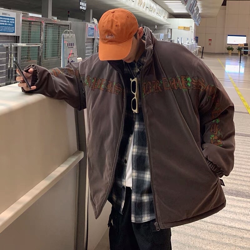 Áo khoác phao bomber nhung in chữ nghệ thuật Ulzzang siêu chất ❤️