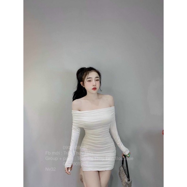 Đầm body nhún trễ vai tay dài