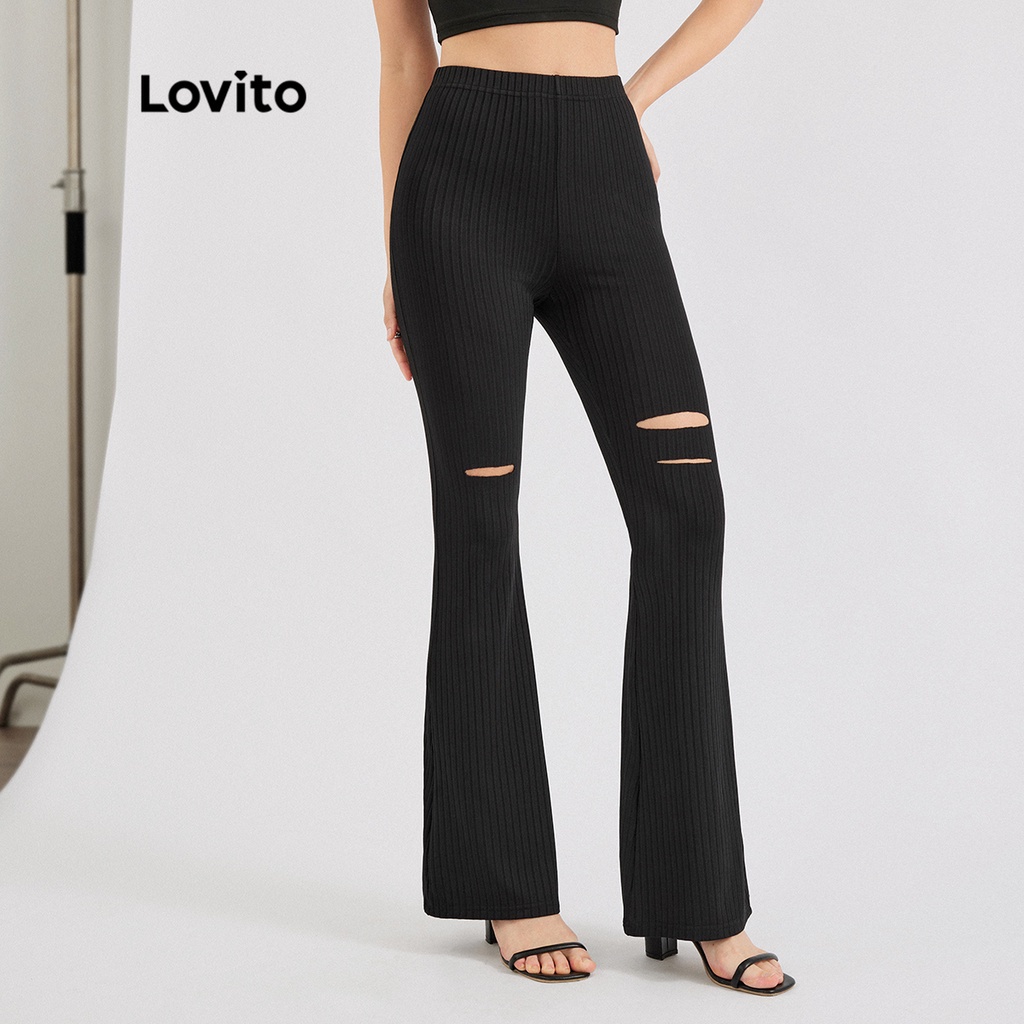 [Hàng có sẵn] Lovito Quần ống suông trơn trơn L30ED063 (Đen)