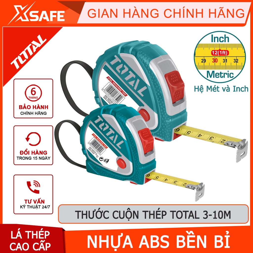 Thước cuộn thép TOTAL Thước kéo thép nền vàng chiều dài 3-10m, bề rộng lá thước 16-25mm, hợp kim thép dẻo chắc chắn