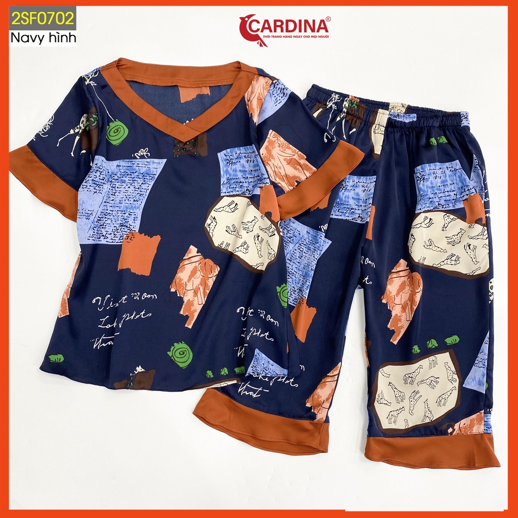 Đồ Bộ Nữ CARDINA Chất Lụa Satin Nhật Cao Cấp Áo Cộc Tay Quần Lửng Họa Tiết Độc Đáo 2SF07