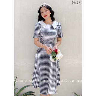 Đầm Nữ NHẬT VY Cổ Tròn Phối Trắng Tay Ngắn Chiết Eo Họa Tiết Caro Công Sở Dáng Chữ A Màu Xanh, Đỏ - D1869