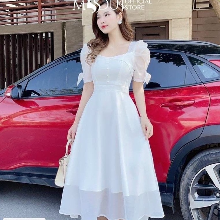 Đầm voan dự tiệc tay nơ dáng xòe xếp tầng thời trang nữ dự tiệc dạ hội