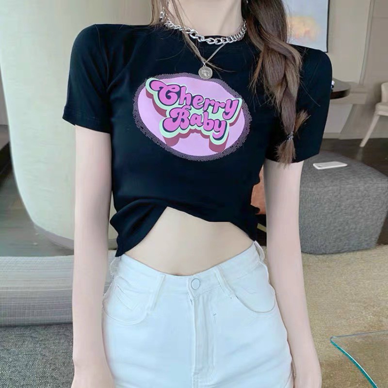 Áo thun in chữ cherybaby tay ngắn cổ tròn dáng croptop xinh nu