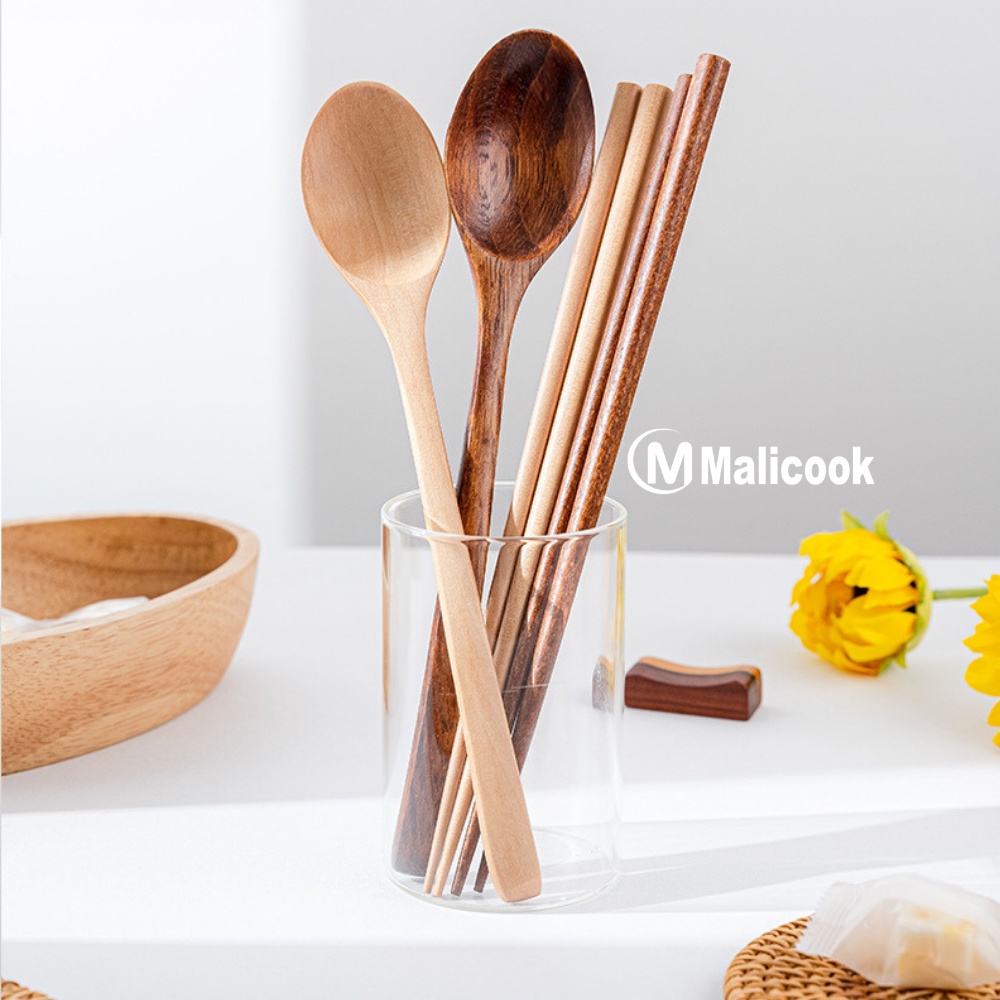 Thìa gỗ ăn cơm cán dài kiểu Nhật Bản  MALICOOK
