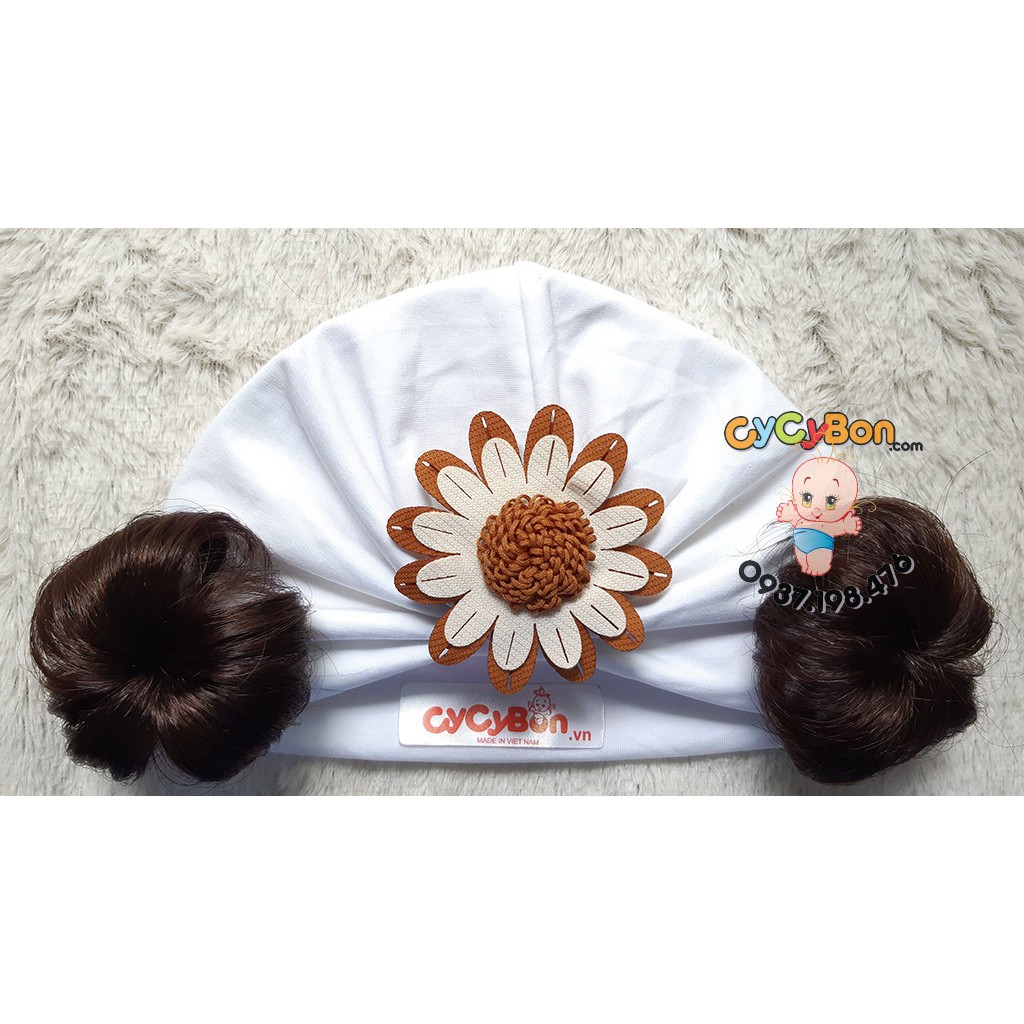 Mũ Nón Turban Tóc Giả Cho Bé Gái Màu Trắng Đính Bông Cúc Chất Vải Cotton Co Giãn Thoải Mái Có Size Bé Sơ Sinh!