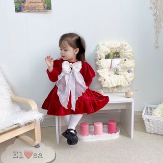Váy nhung đỏ Cổ Nơ trắng