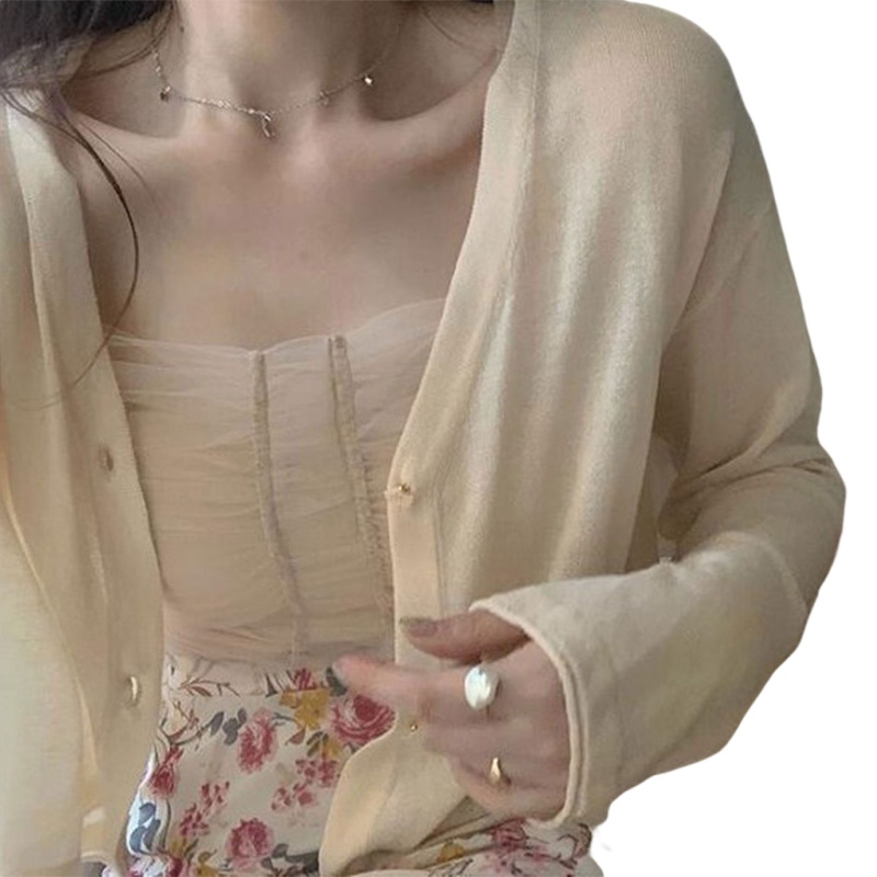 Áo Khoác Cardigan Dệt Kim Tay Dài Cổ Chữ V Cài Nút Màu Trơn Thời Trang Mùa Hè Xinh Xắn Cho Nữ