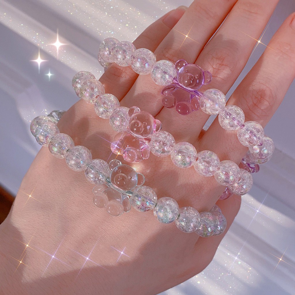 Dây cột tóc kèm vòng tay 2in1 họa tiết gấu hạt châu Hologram cực xinh xắn ulzzang