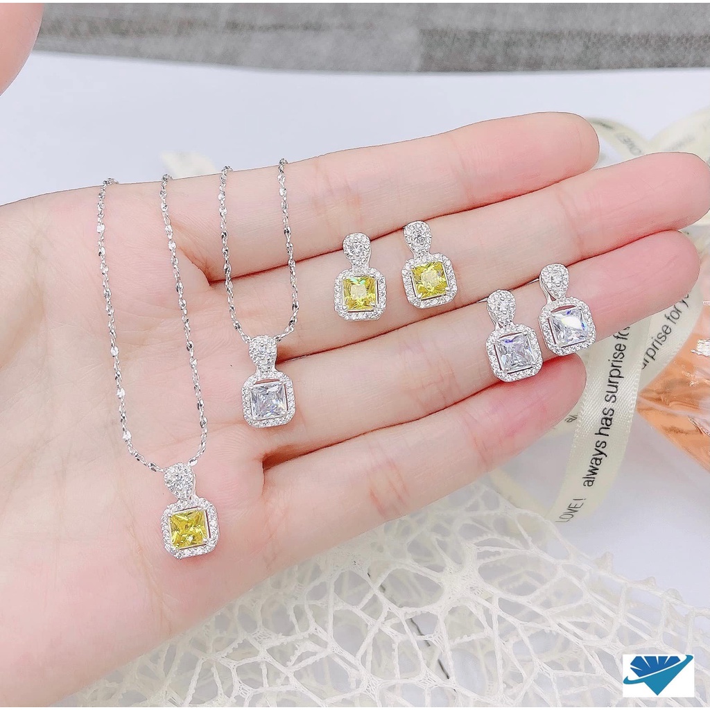 Bộ trang sức nữ bạc ta mặt đá vuông xinh xắn kiểu dáng thời trang - Bạc Bibi