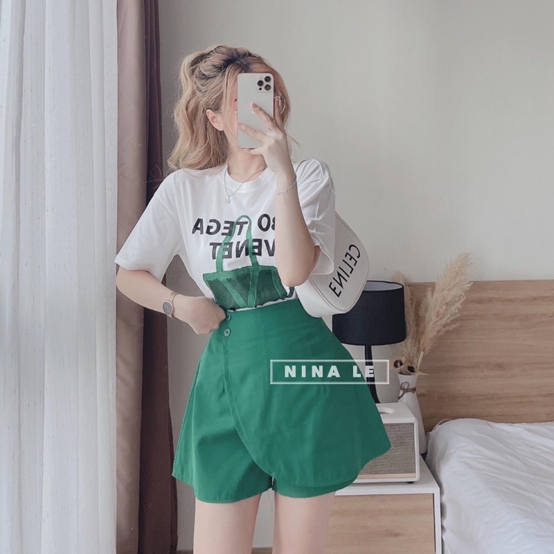 Set áo trắng chữ kèm quần màu xanh giả váy đắp