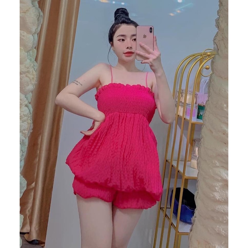 [ Miễn phí ship 2022] Set bộ bầu bí 2 dây xòe, set tiểu thư phồng trơn màu chất xốp nhăn mặc đi chơi, đi biển siêu xinh