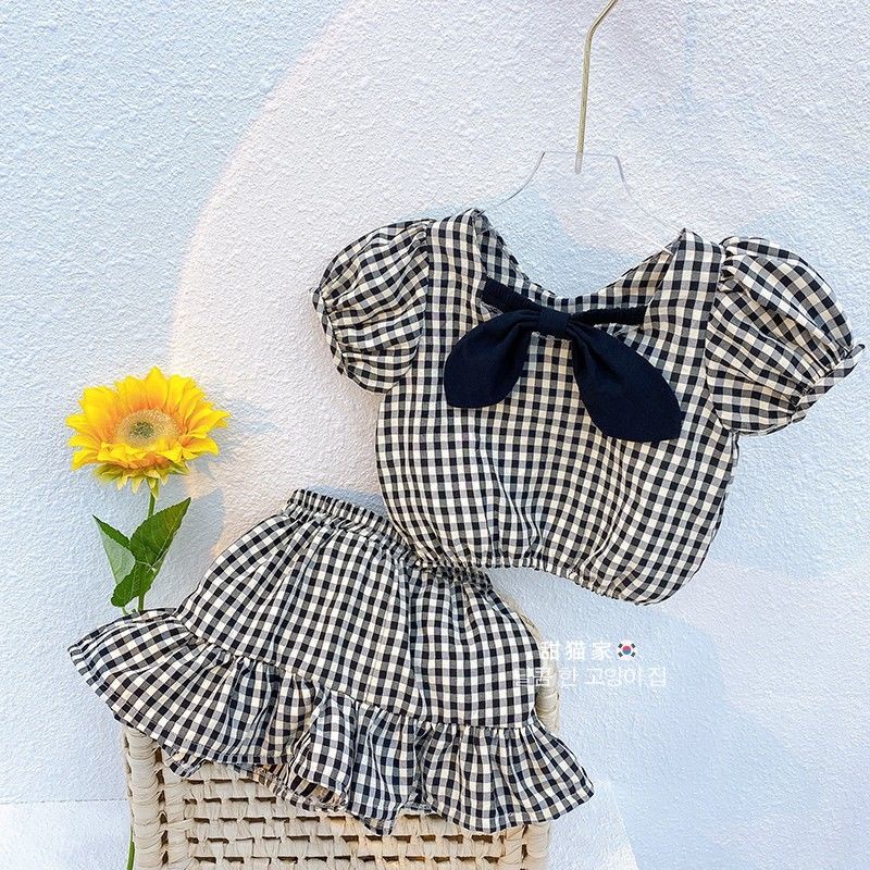 Set áo tay phồng + chân váy ngắn họa tiết sọc caro phong cách Hàn Quốc thời trang mùa hè cho bé gái