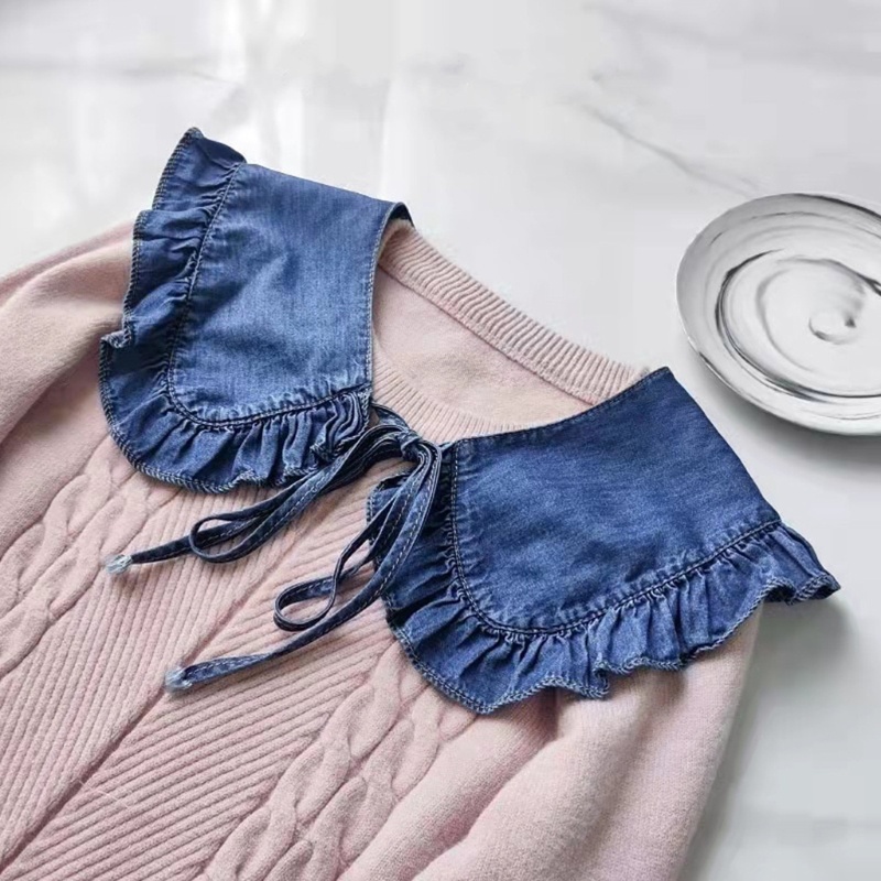 Yoioi Khăn Choàng Cổ Giả Denim Màu Xanh Dương Giặt Viền Bèo Cho Nữ
