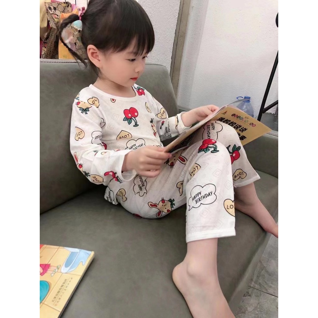 Bộ Dài Tay Cotton Lưới Mặc Đi Ngủ Nằm Máy Điều Hòa Cho Bé Trai Gái size 1-7 tuổi