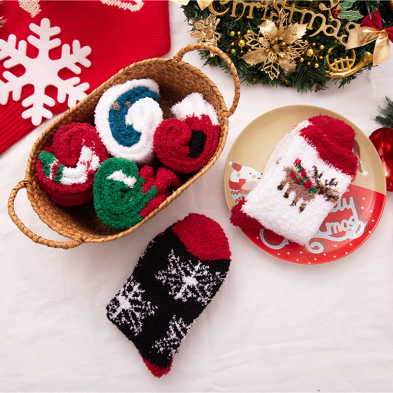 Tmdbyx Vớ lông cừu san hô dày ấm áp họa tiết tuần lộc Giáng sinh cho nữ