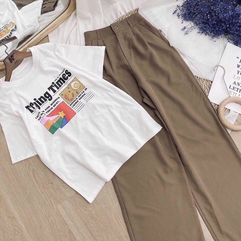 Set áo thụ và quần dài culottes xanh rêu