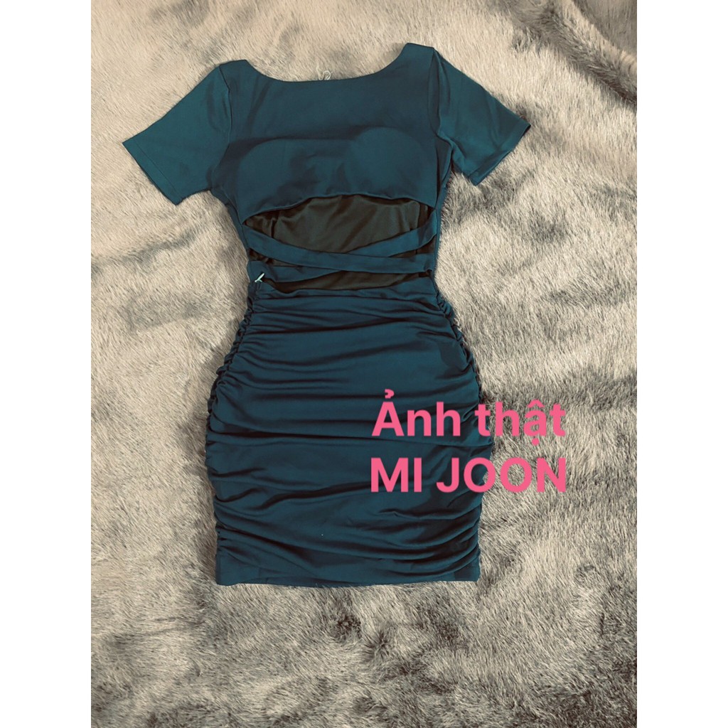 [ MI JOON ] đầm váy body cổ vuông 2 lớp lót tay ngắn có mút ngực nhún sườn 2 bên hở eo thân sau | BigBuy360 - bigbuy360.vn