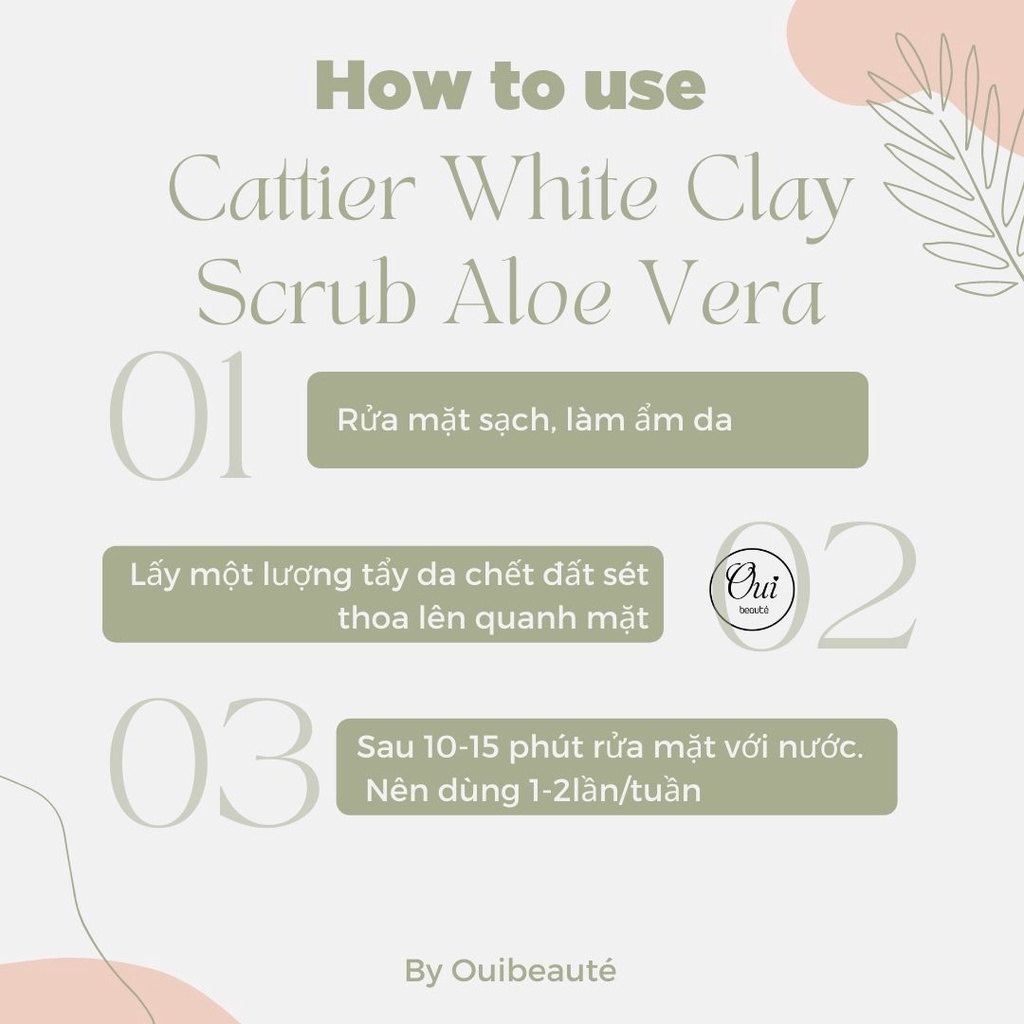 Tẩy da chết đất sét trắng Cattier White Clay Scrub Aloe Vera, Tẩy tế bào chết hương lô hội 100ml Ouibeaute